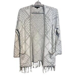 Adrienne Vittadini Gray Fringe Cardigan Sweater LARGE | Geometric Knit Boho Cozy